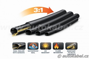Smršťovací trubice 6,4 černá 3:1, kus / 30 cm, s LEPIDLEM
